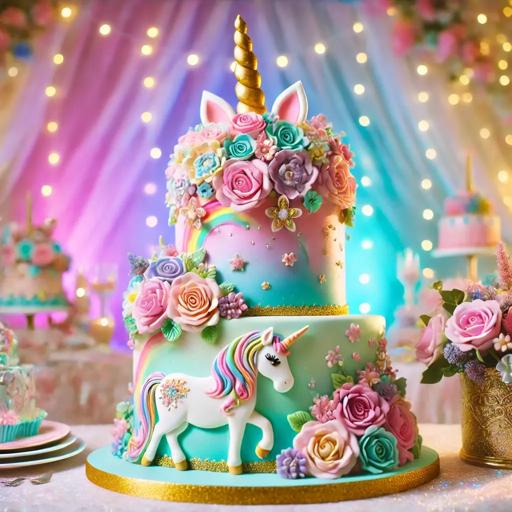 Whimsical Multi-Tiered Unicorn Cake with Rainbow Accents