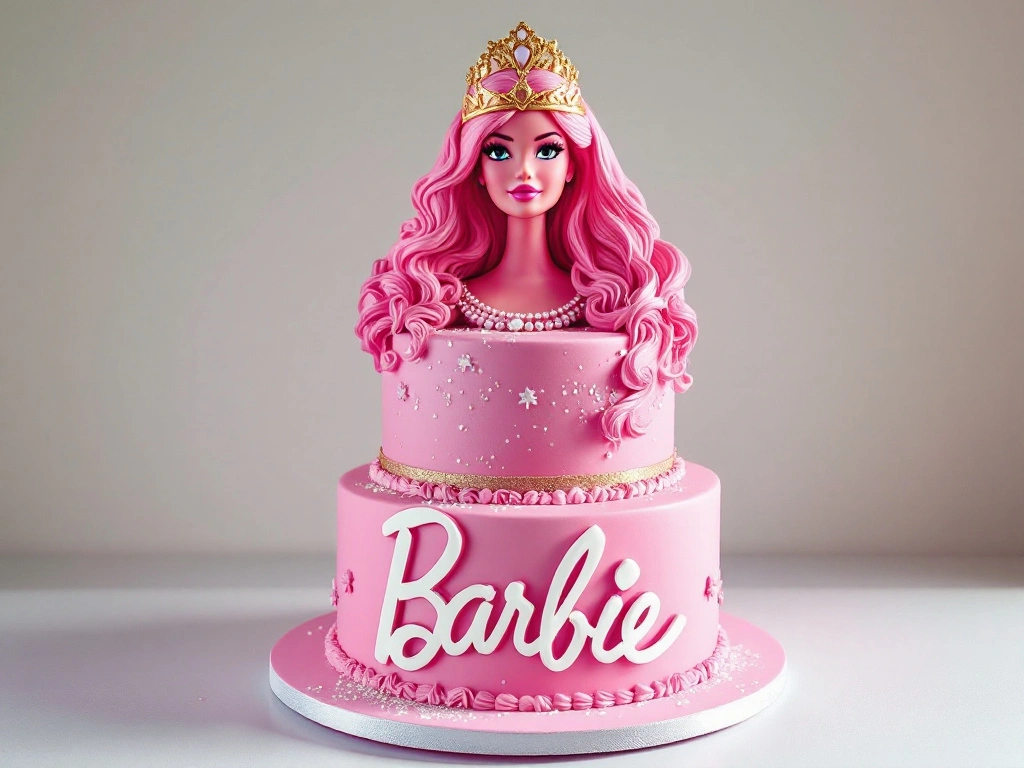 A close-up of a Barbie cake featuring intricate frosting designs and a doll centerpiece.