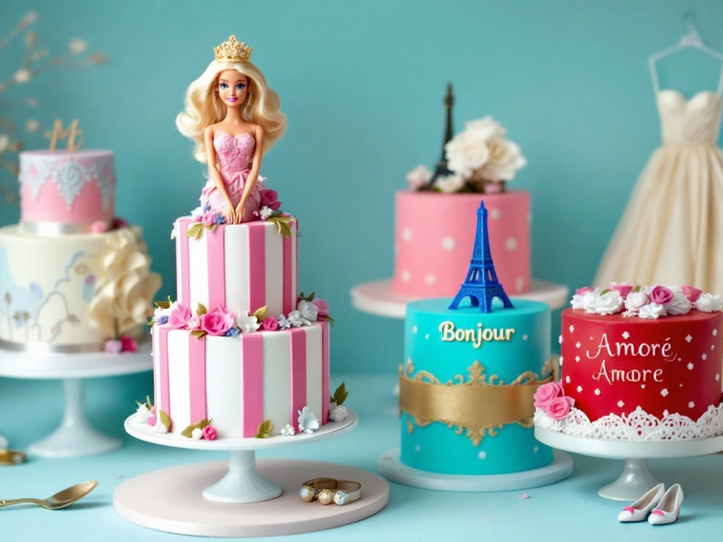 A close-up of a Barbie cake featuring intricate frosting designs and a doll centerpiece