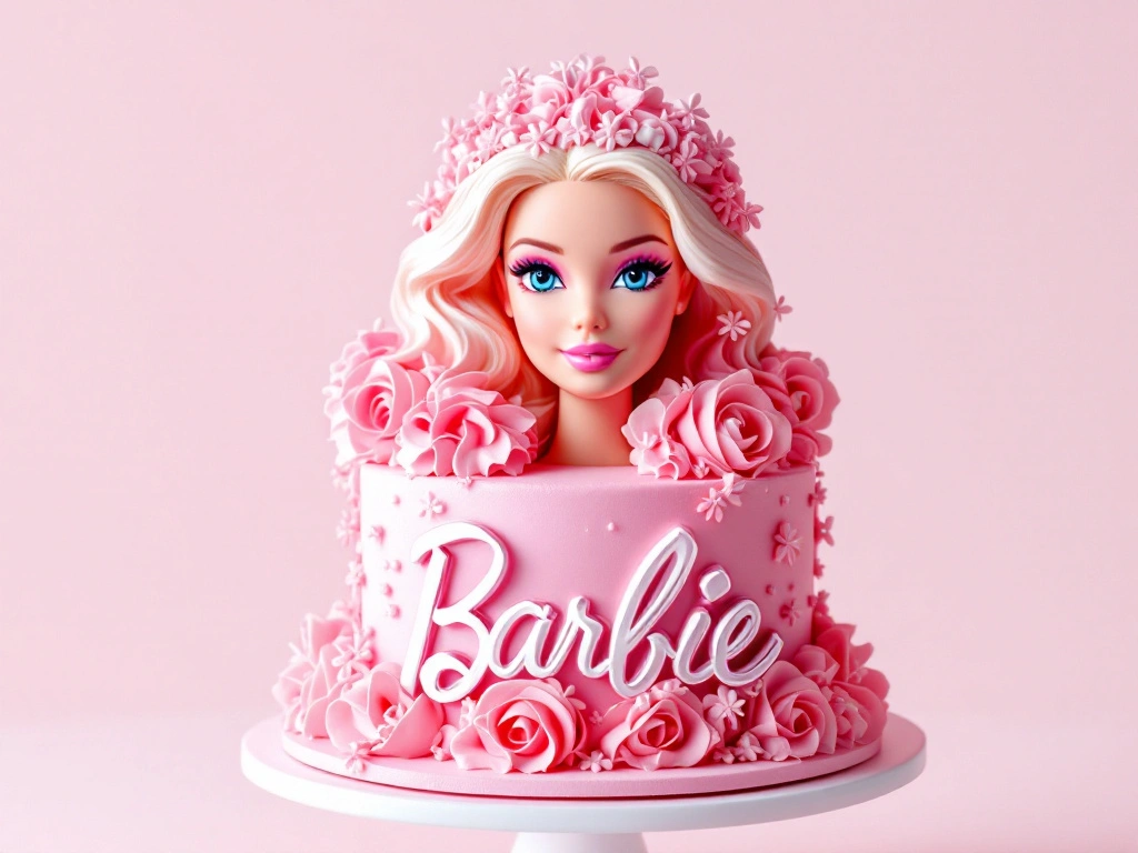 A beautifully decorated Barbie cake with a pink frosting dress and floral details.