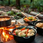 A rustic campfire setup with pots of food, including soup, roasted vegetables, and bread, showcasing Easy Camping Meals.