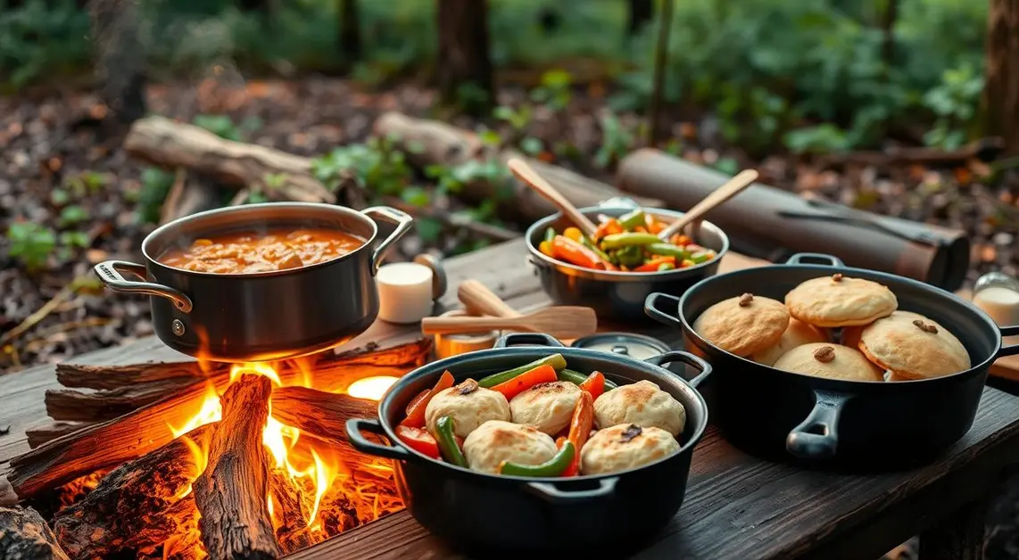 A rustic campfire setup with pots of food, including soup, roasted vegetables, and bread, showcasing Easy Camping Meals.