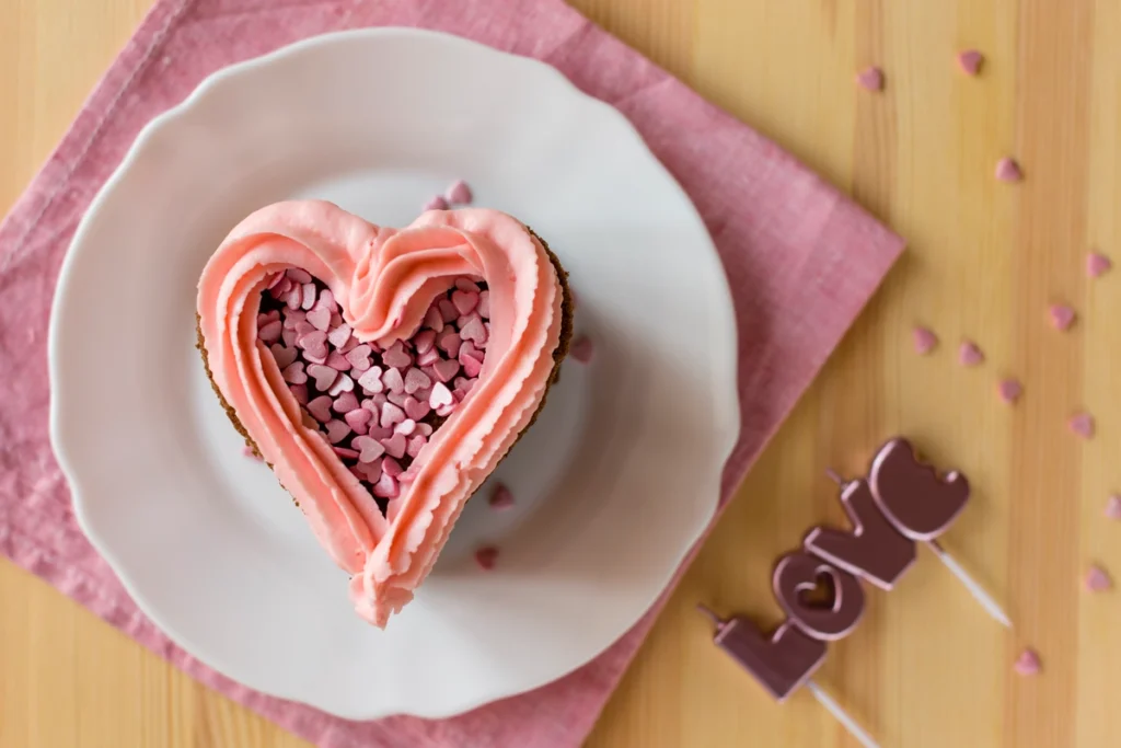 A rich chocolate Heart Cake drizzled with chocolate ganache and sprinkled with edible glitter.