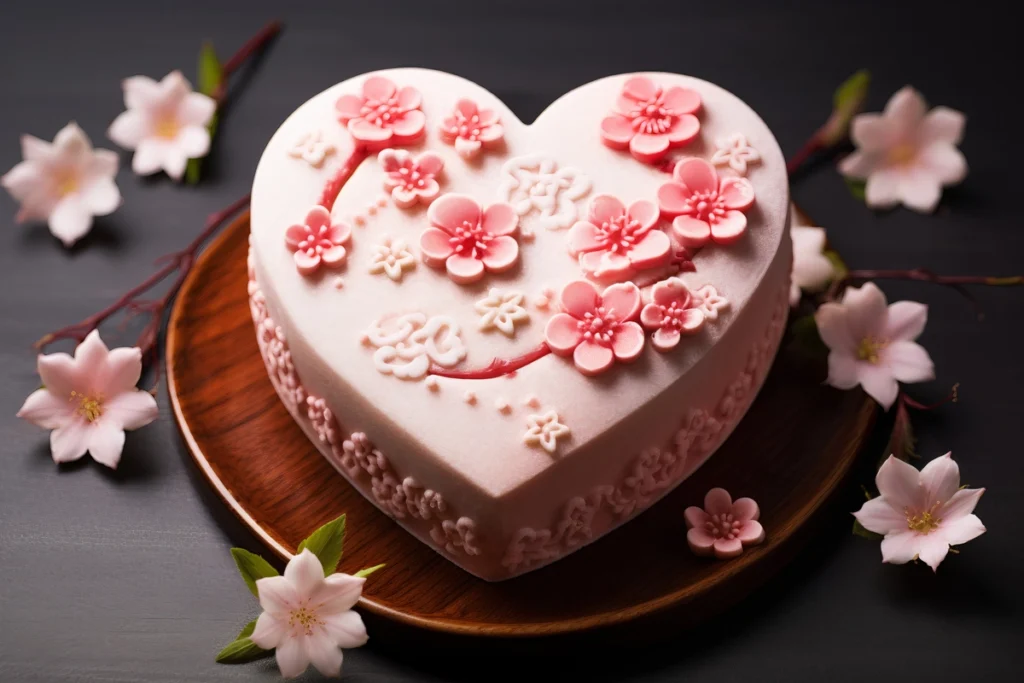 A pastel-colored Heart Cake with floral designs and golden accents.