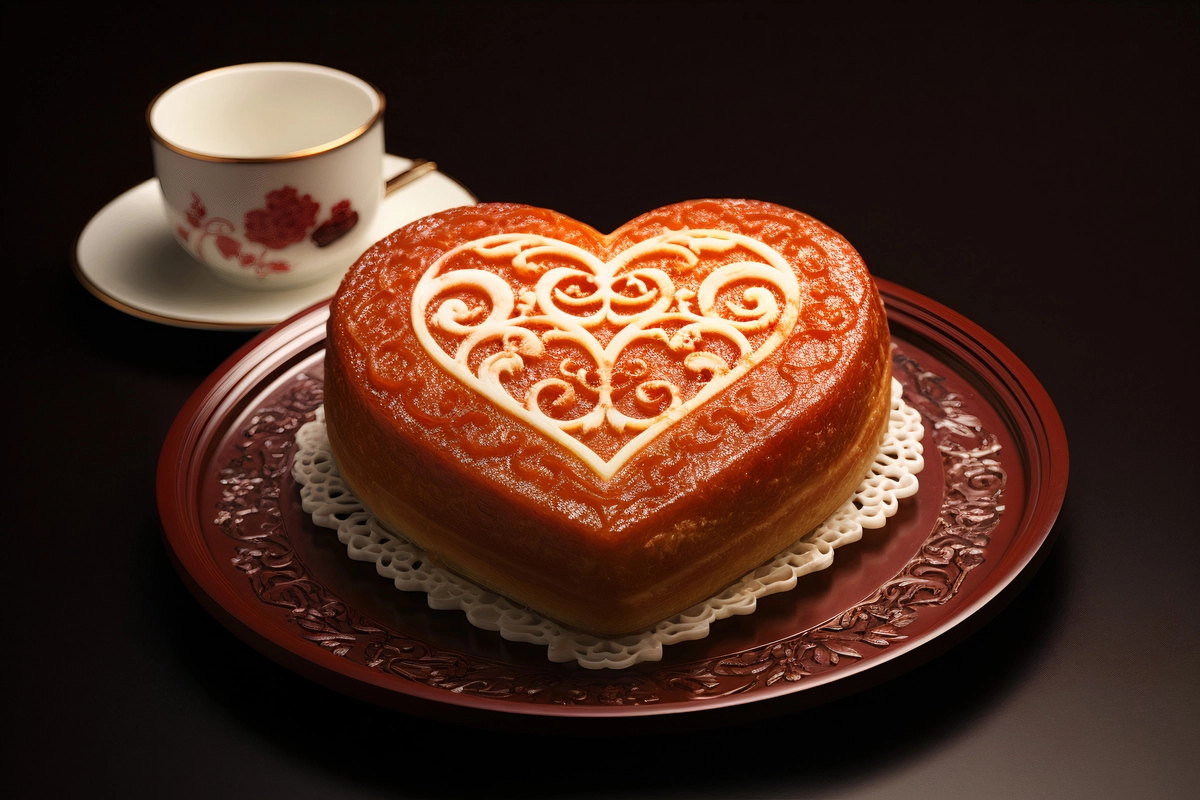 A pink frosted Heart Cake decorated with delicate white piping and edible flowers.