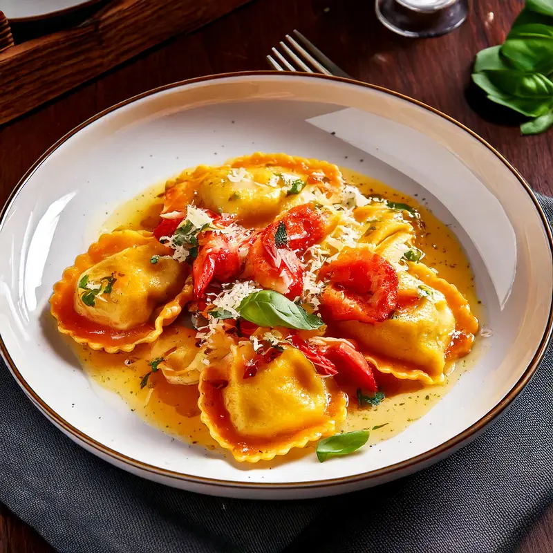 legant lobster ravioli plated with a drizzle of lemon cream sauce and fresh basil garnish.