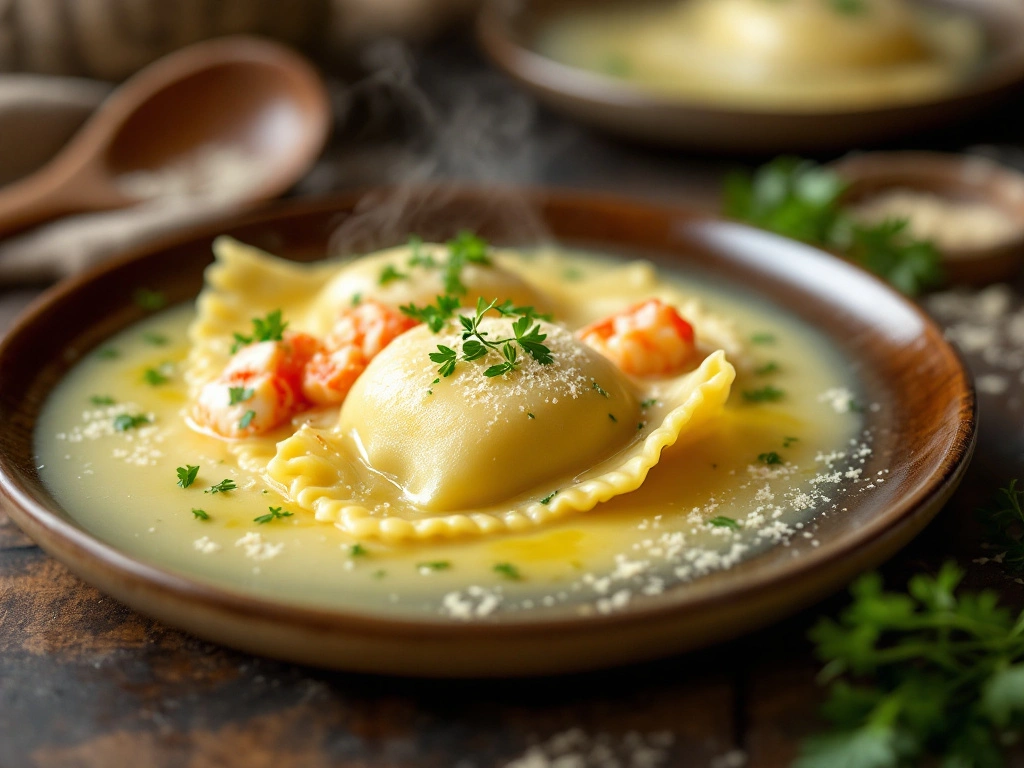 Luxurious lobster ravioli with a rich brown butter sage sauce and a sprinkle of freshly ground black pepper