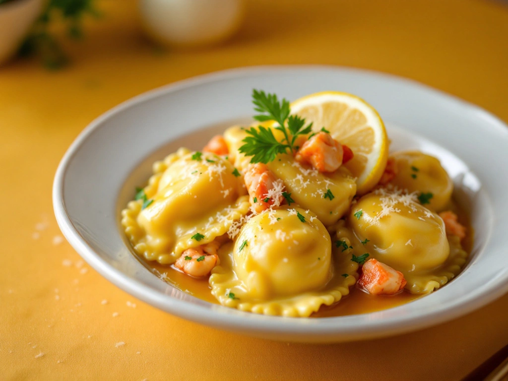 Close-up of lobster ravioli topped with brown butter sage sauce and grated Parmesan cheese.