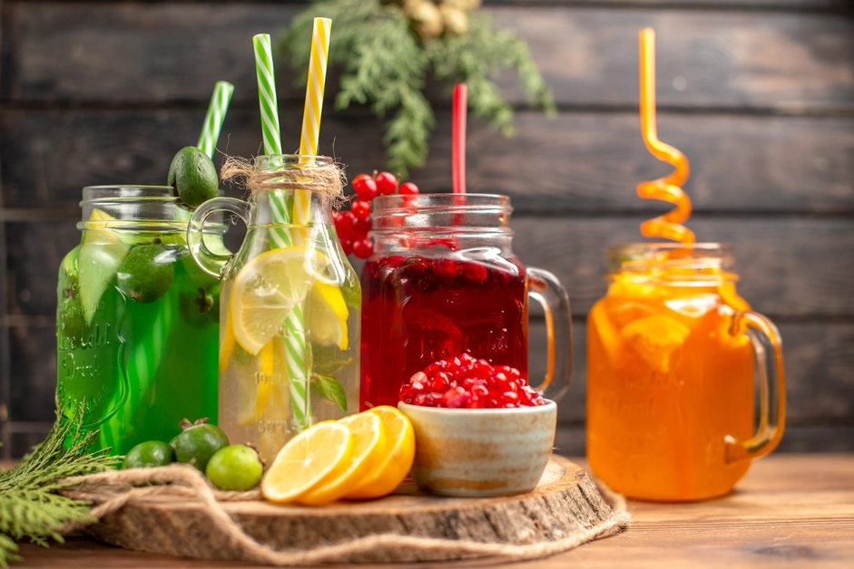 Four mason jars of colorful Happy Juice on a wooden tray, featuring green, yellow, red, and orange juices with festive garnishes.