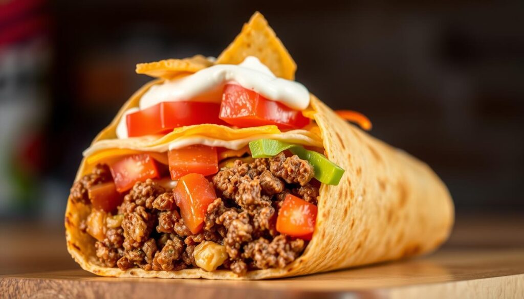 Fast-Food Restaurant News:Taco Bell Crunchwrap Supreme with beef, cheese, and fresh toppings.