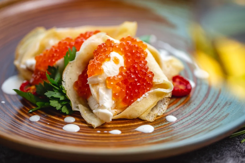 A luxurious serving of salmon roe on crackers with cream cheese.