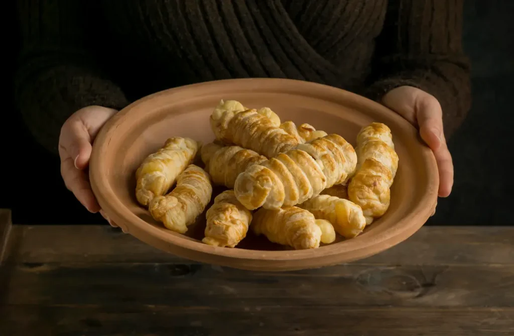 Close-up of Tequeños, highlighting the crispy dough and melted cheese inside.