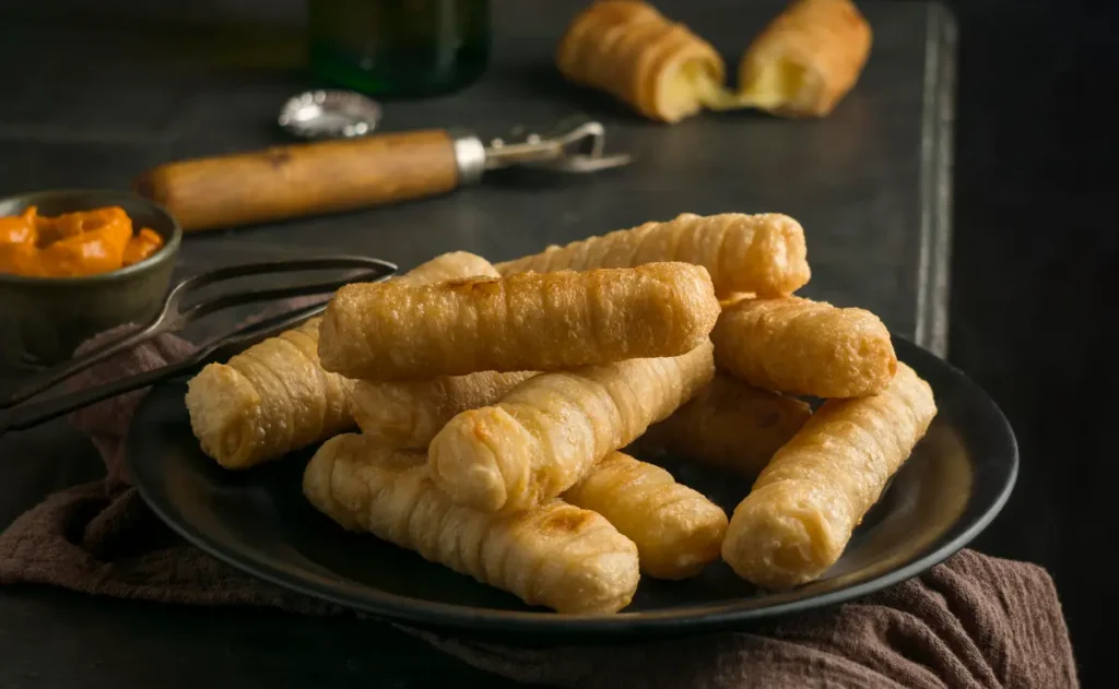 An assortment of Tequeños on a serving dish, displaying their golden color and appetizing appearance.