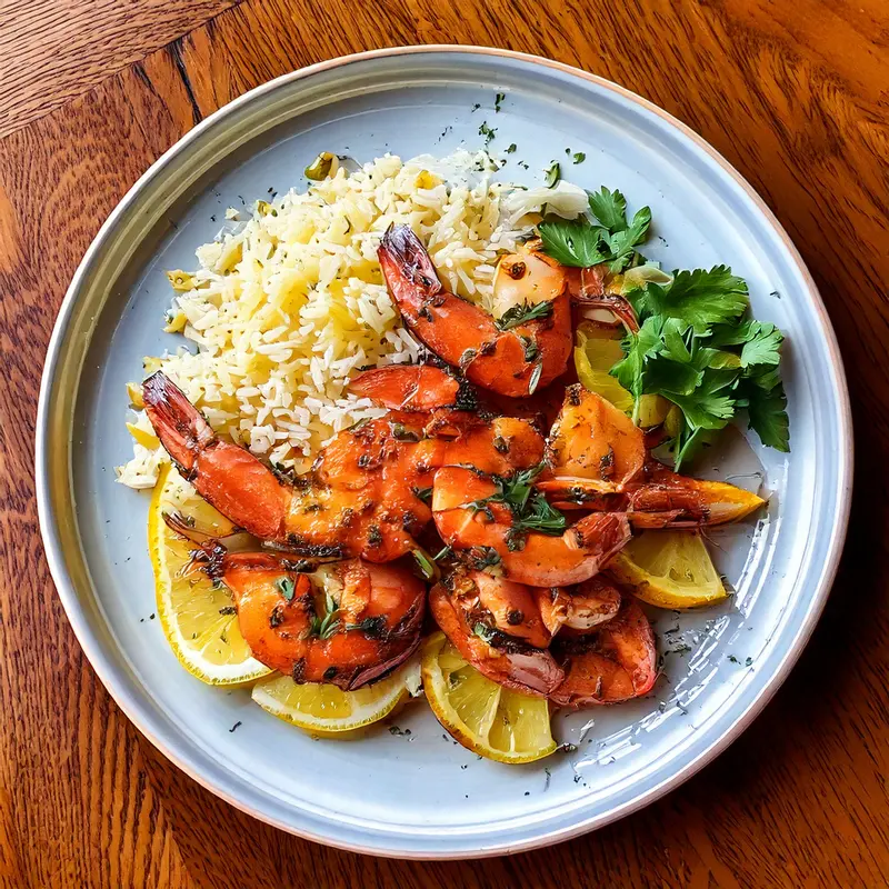 Grilled tiger shrimp skewers with charred edges, served on a wooden platter with fresh herbs and lemon slices.