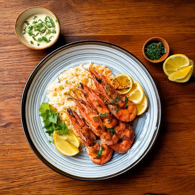 Pan-seared tiger shrimp glistening in garlic butter, plated with sautéed vegetables and a side of dipping sauce.