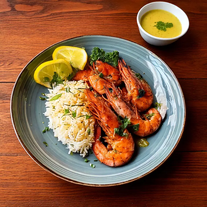 Close-up of cooked tiger shrimp with distinct black stripes, served on a plate with rice, garnished with lemon wedges, parsley, and a drizzle of butter sauce.