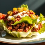 A colorful Big Mac Salad with lettuce, cheese, pickles, onions, and a burger patty, topped with a creamy dressing.