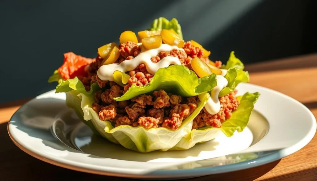 A colorful Big Mac Salad with lettuce, cheese, pickles, onions, and a burger patty, topped with a creamy dressing.