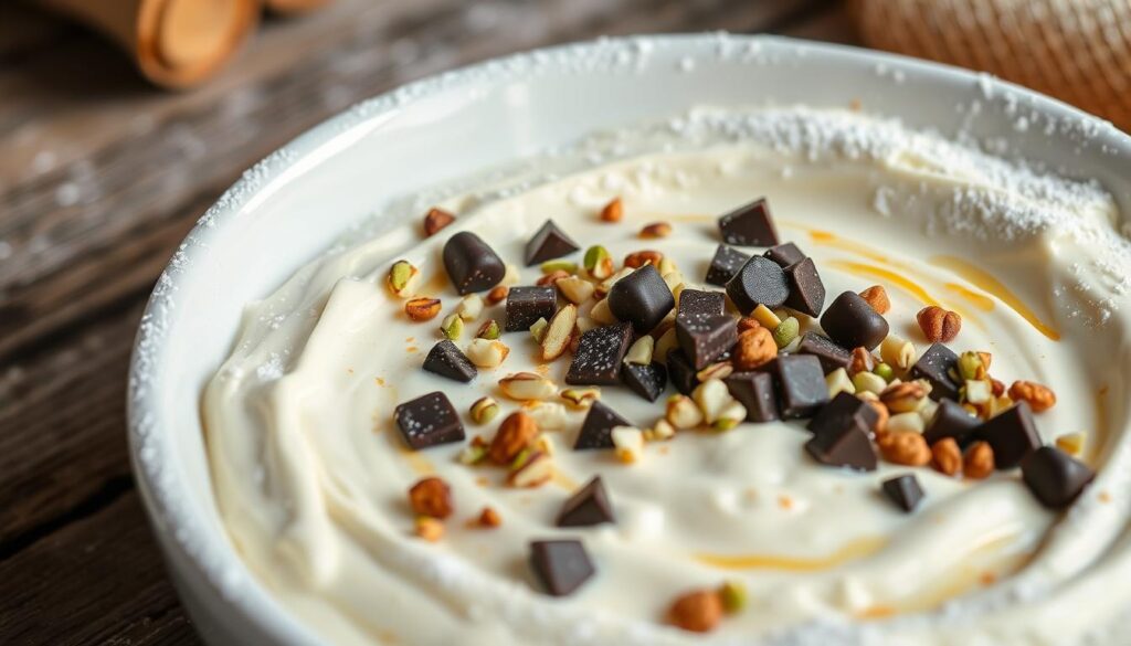 Creamy cannoli dip served in a bowl with crispy waffle chips for dipping.