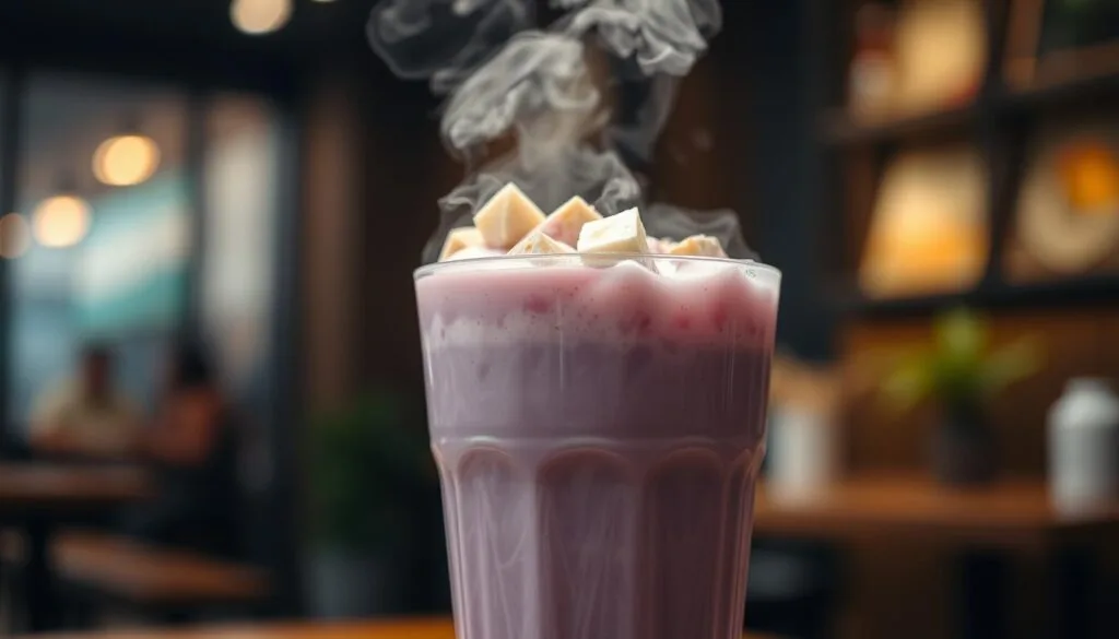 Close-up of a refreshing glass of Taro Milk Tea with purple hue and tapioca pearls.