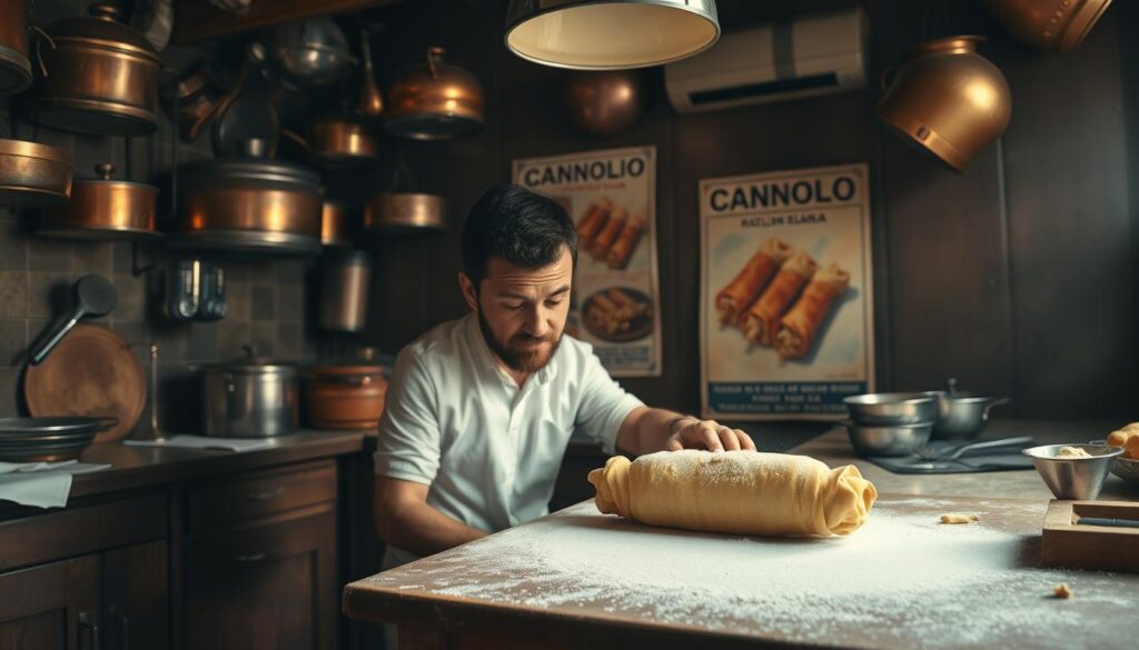 Traditional Italian cannoli displayed with their history and origins on a rustic table.