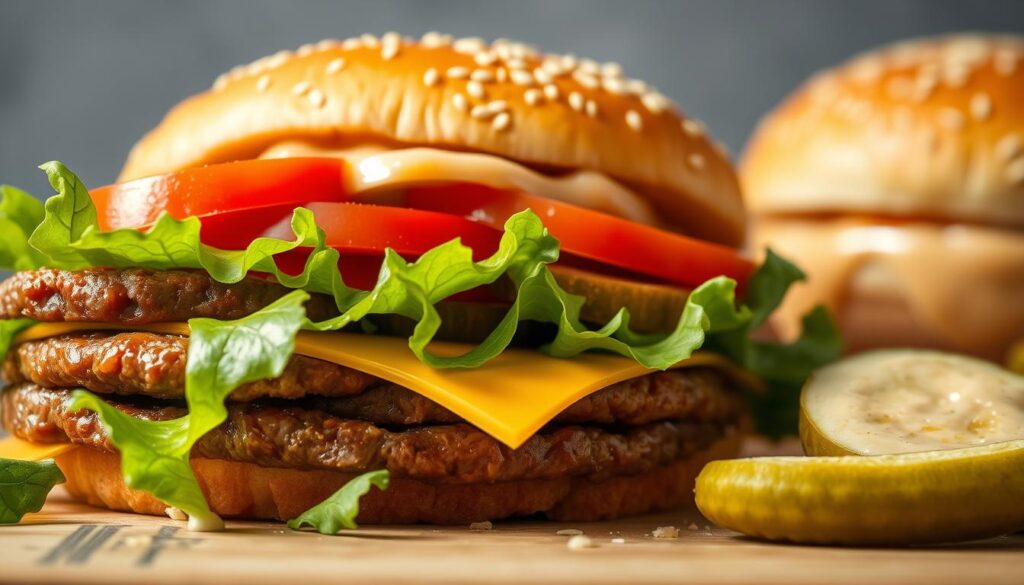 A bowl of Big Mac Salad with fresh greens, crumbled beef patty, cheese slices, and a drizzle of special sauce.