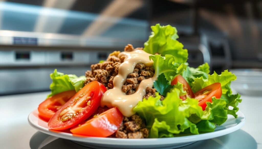 Close-up of a Big Mac Salad bowl with layers of lettuce, beef patty, cheese, onions, and pickles.