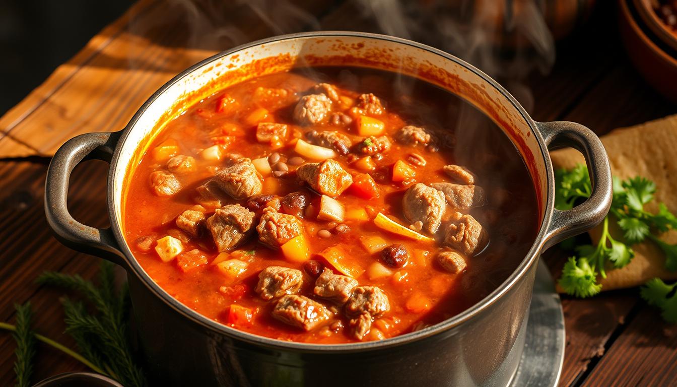 A bowl of hearty venison chili, filled with tender venison meat, beans, and a rich tomato-based sauce, garnished with fresh cilantro.