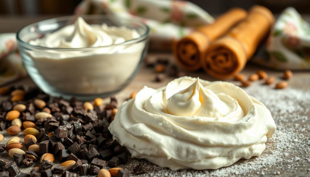  A bowl of cannoli dip garnished with mini chocolate chips and served with graham crackers.