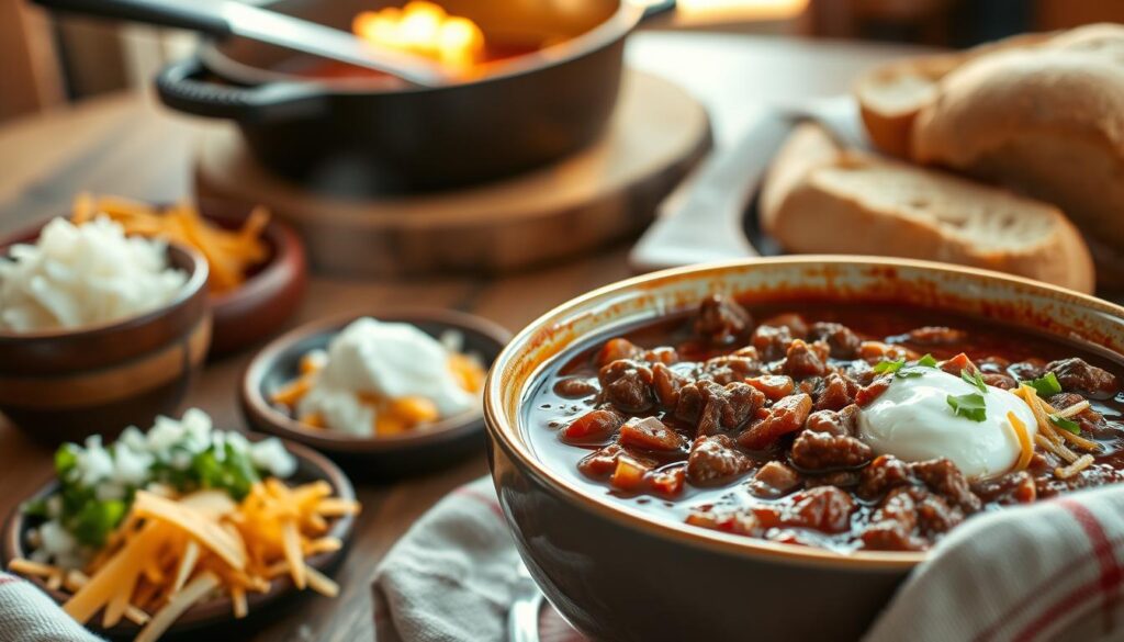 A rustic bowl of venison chili with chunks of venison, tomatoes, and beans, garnished with jalapeño slices for an extra kick.