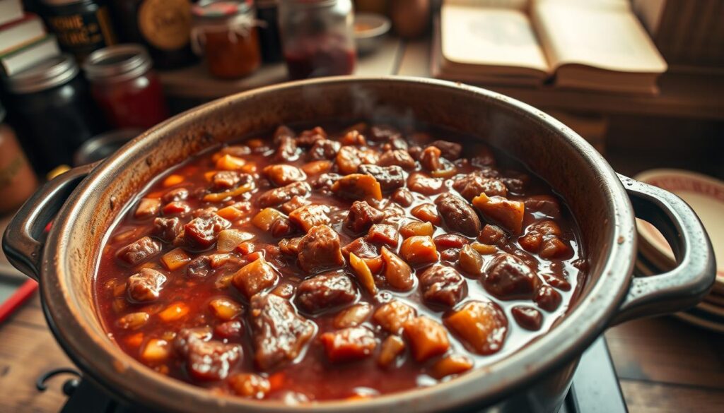 A close-up shot of venison chili served in a bowl, with chunks of venison, kidney beans, and a sprinkle of shredded cheese on top.