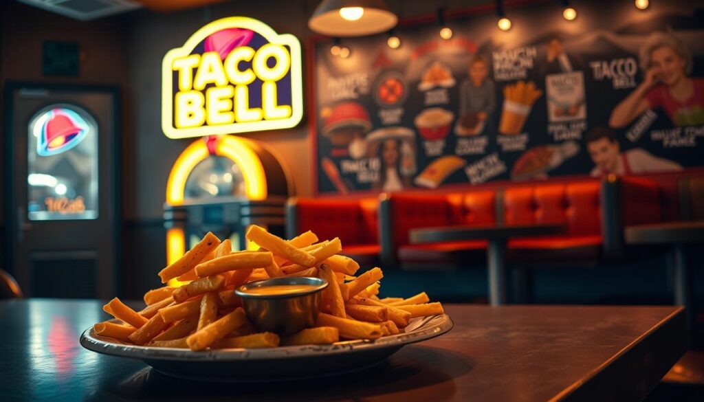 Golden, seasoned Nacho Fries from Taco Bell, ready for dipping in rich, cheesy sauce.