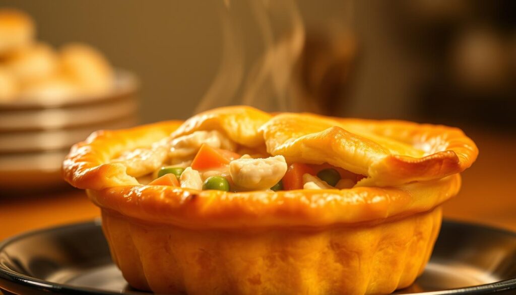 Freshly baked Pillsbury chicken pot pie served with a crispy, golden crust.
