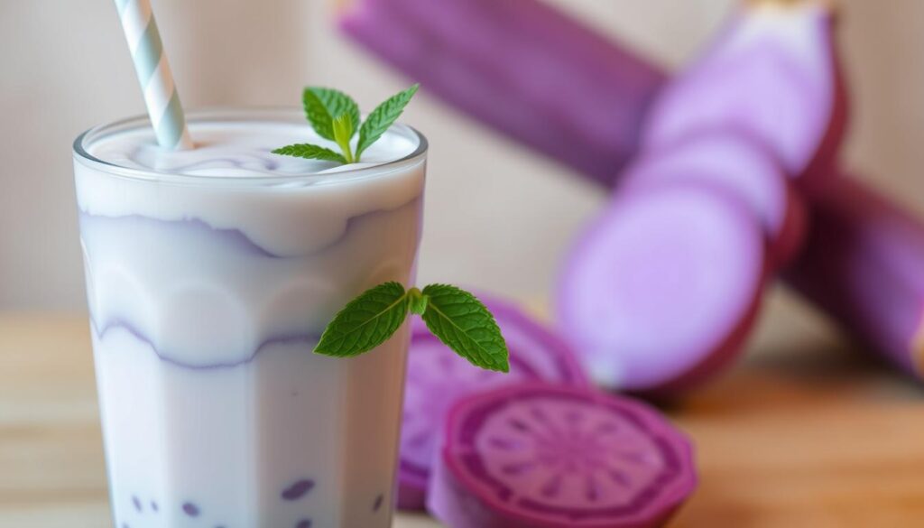 A close-up shot of Taro Milk Tea with black tapioca pearls on a wooden surface.