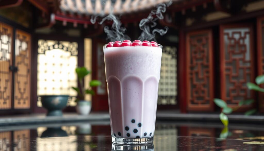 Taro Milk Tea with ice and a wide straw, showcasing its purple creamy texture.