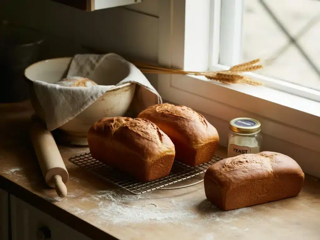 A tray of croissants showing flaky layers and puffed, golden-brown rise after baking.